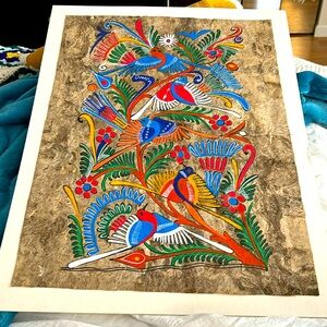 Vintage Mexican Folk Art Painting on Bark Paper